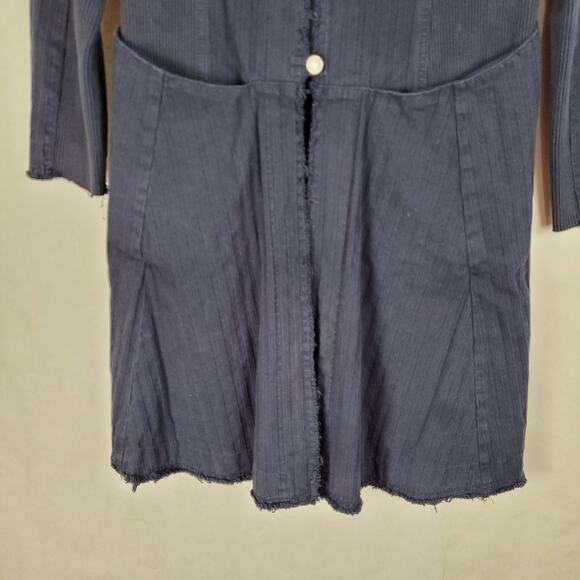 Free People blue denim flared raw hem ribbed duster jacket size M hippie grunge - Picture 6 of 10